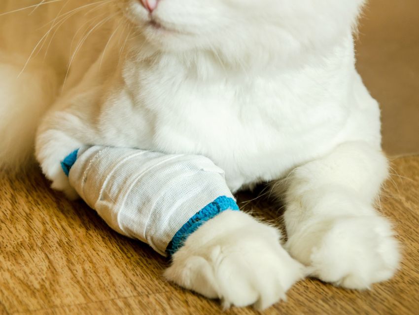 Cat with a bandaged leg