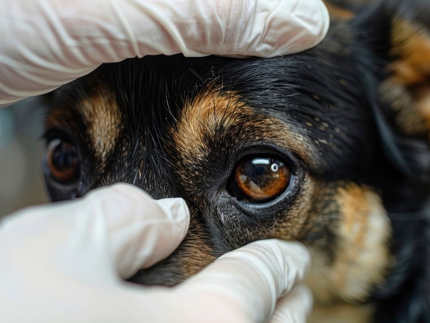 Veterinarian looking at a dog's eye